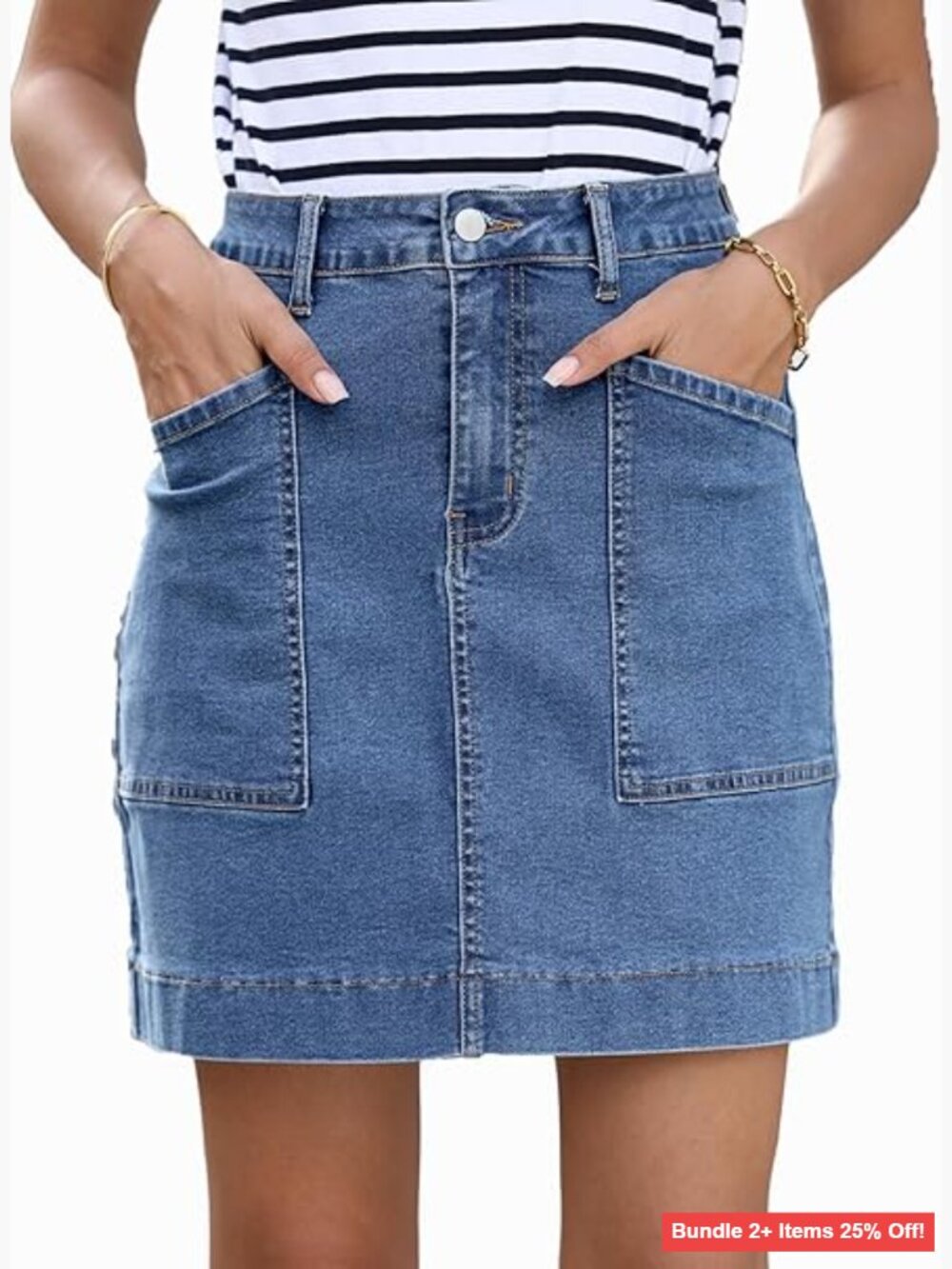 High Waisted Denim Mini Skirt with Pockets, Stretch Cotton Blend, Size Medium